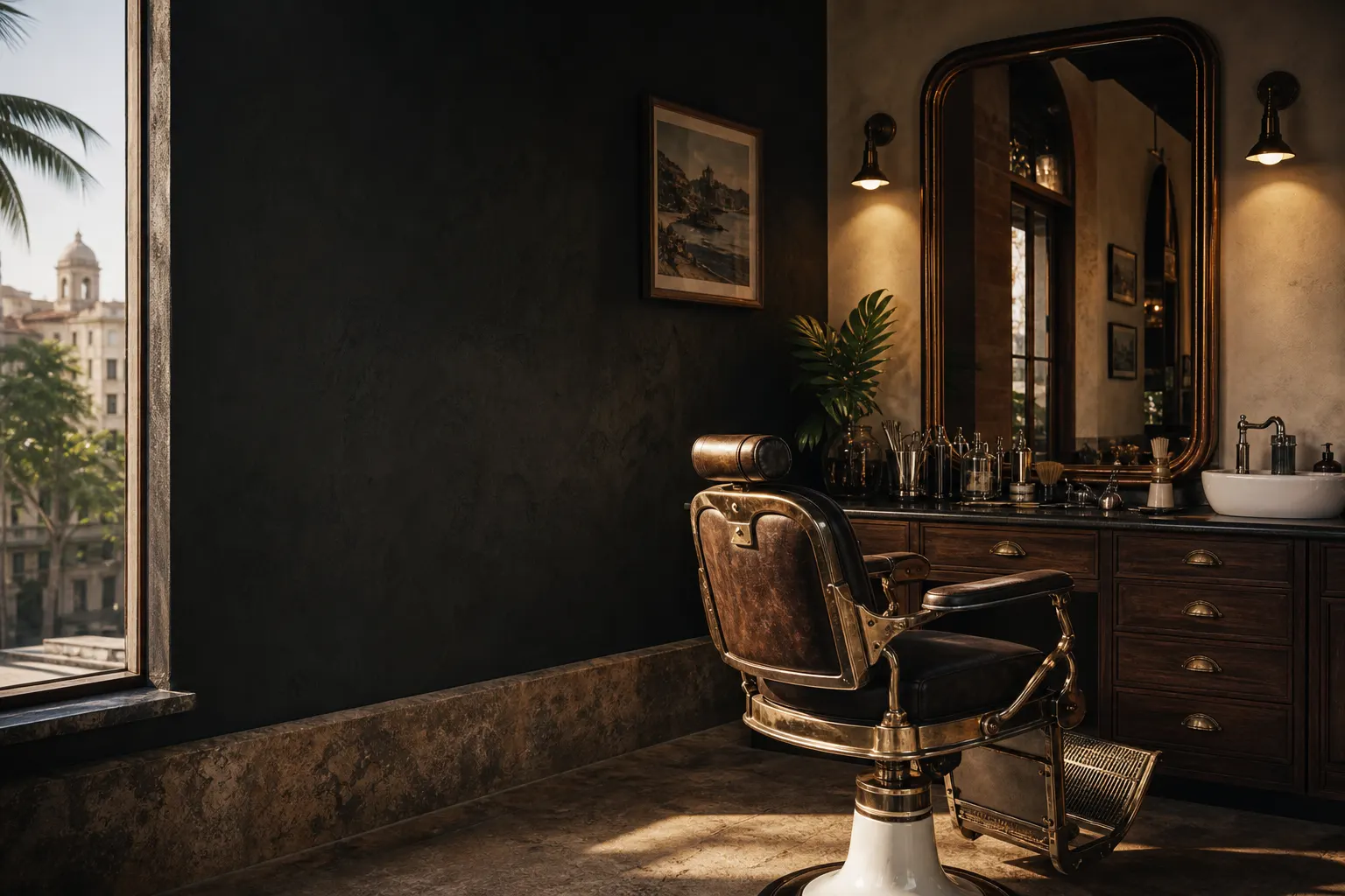 Interior fictício da Barbearia Imperial, com cadeira de couro, madeira escura e espelho emoldurado.