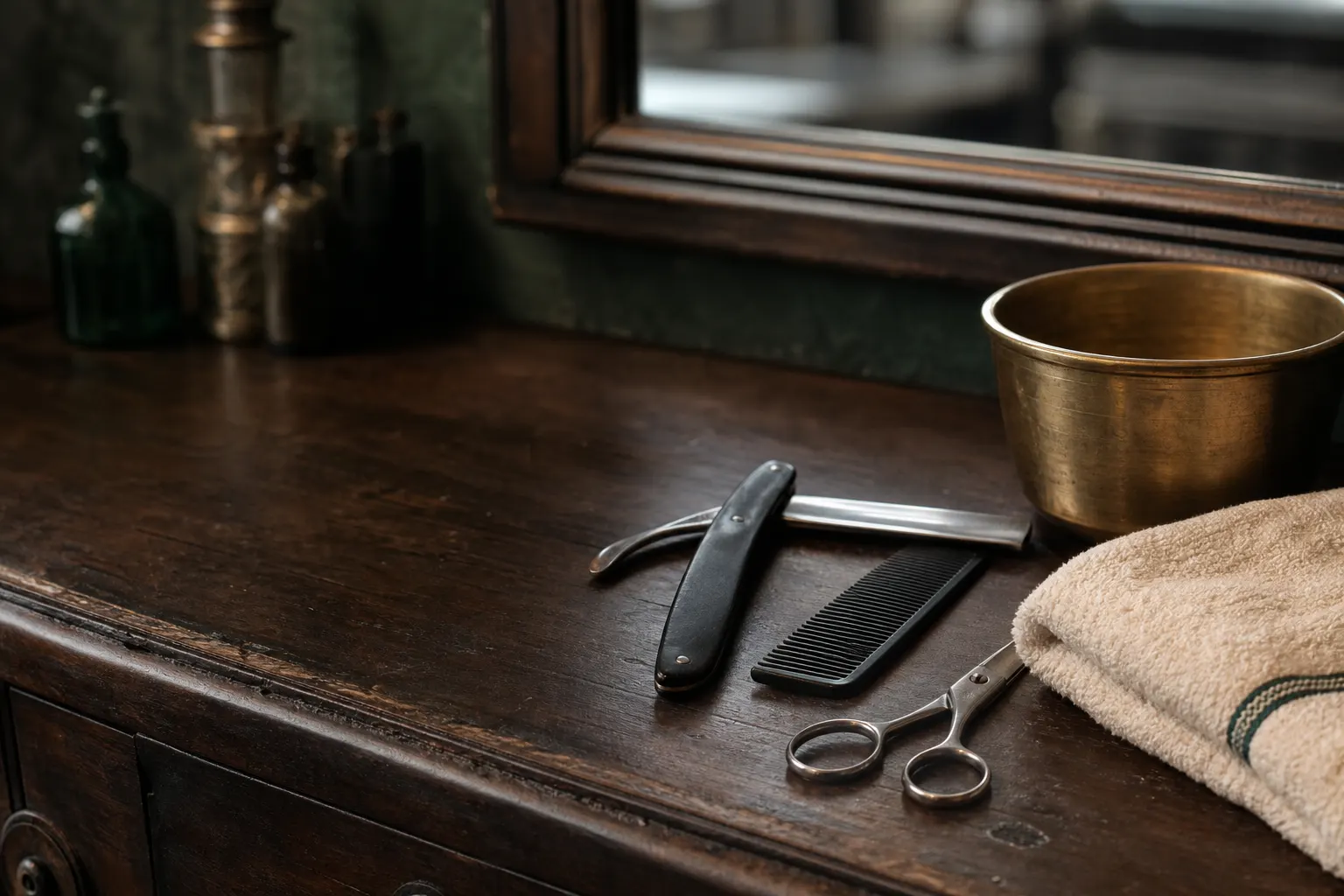 Ferramentas de barbearia demonstrativas sobre um balcão de madeira escura.